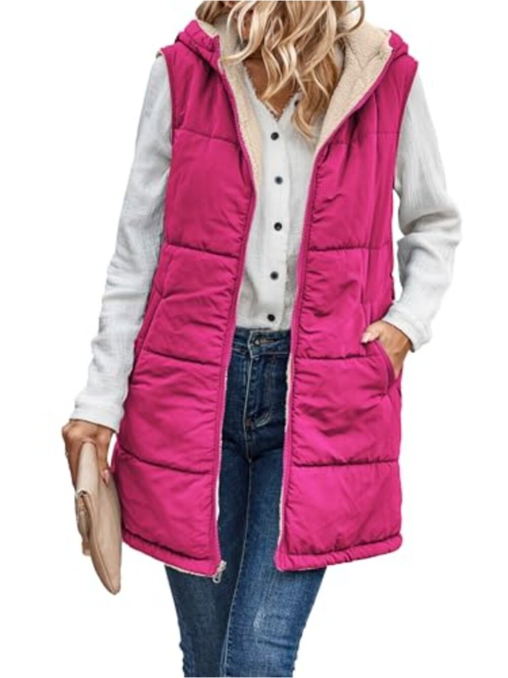 Womens Reversible Fleece Vest Zip Up Hoodie Sleeveless Winter Coat with Pockets